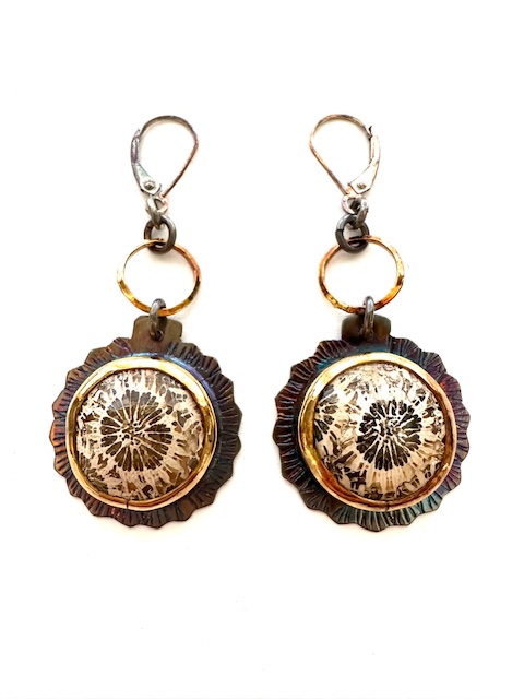 Image of Sterling Silver, Fine Silver Bezels, and Fossilized Coral Earrings with Lever Earwire by Julie Shaw