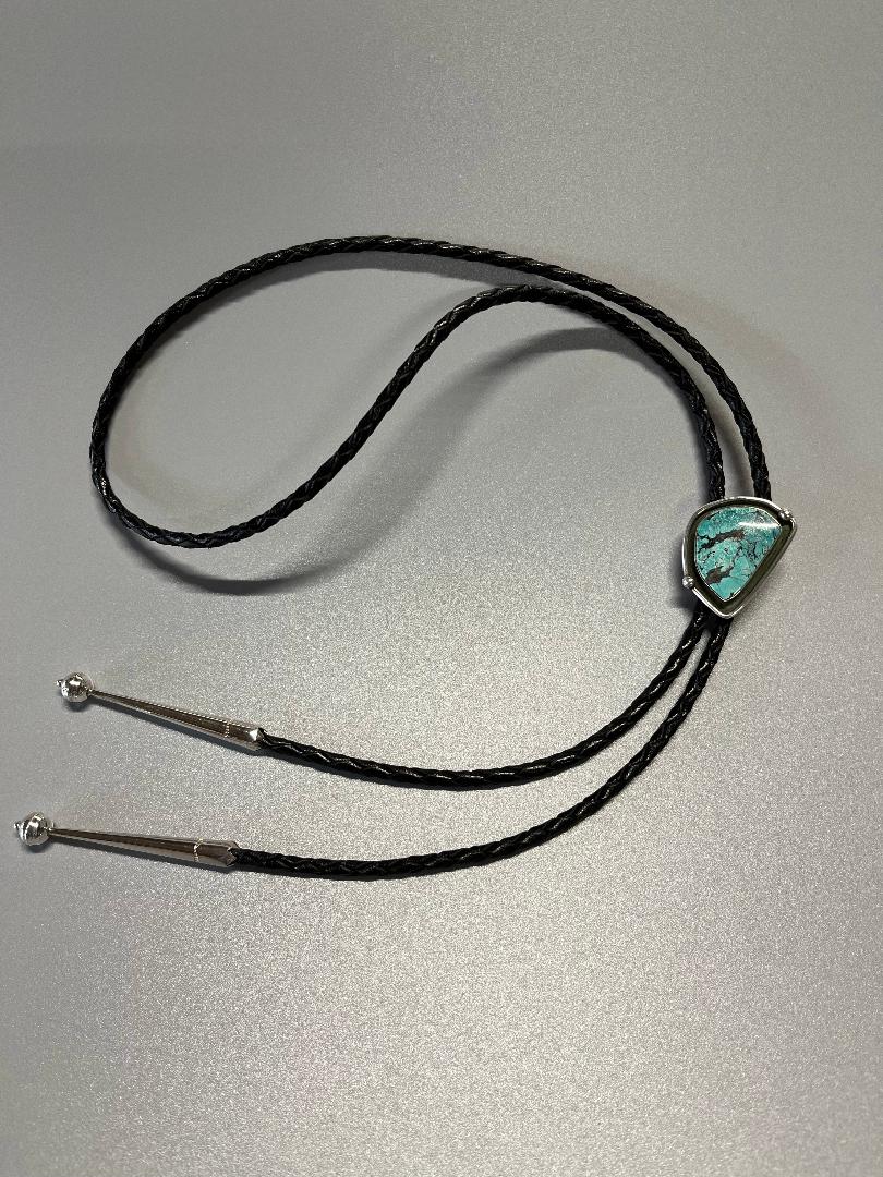 Turquoise Bolo Sterling Silver, Turquoise, Leather, Total Length 20”