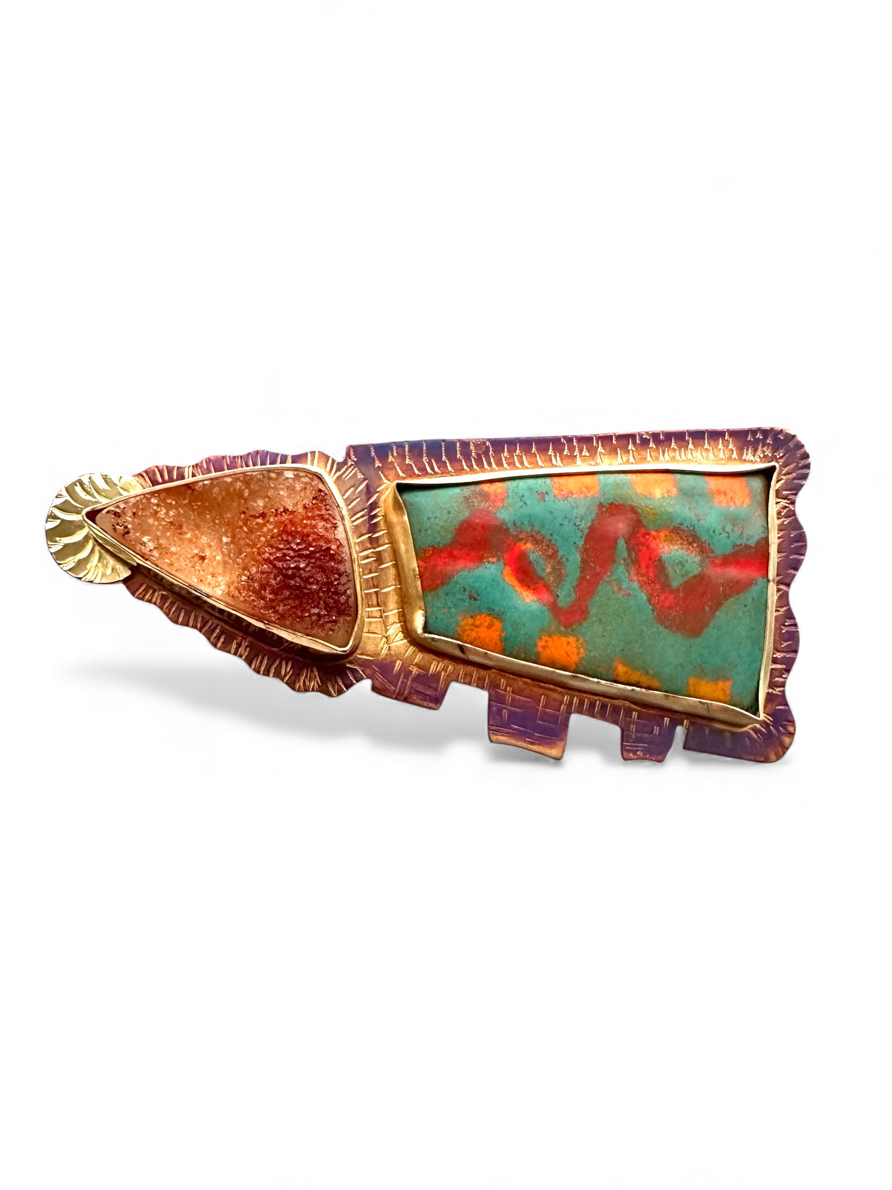 Image of 7 Sterling Silver, Fine Silver Bezels, 18k Gold, Druzy Quartz, and Enamel Brooch by Julie Shaw