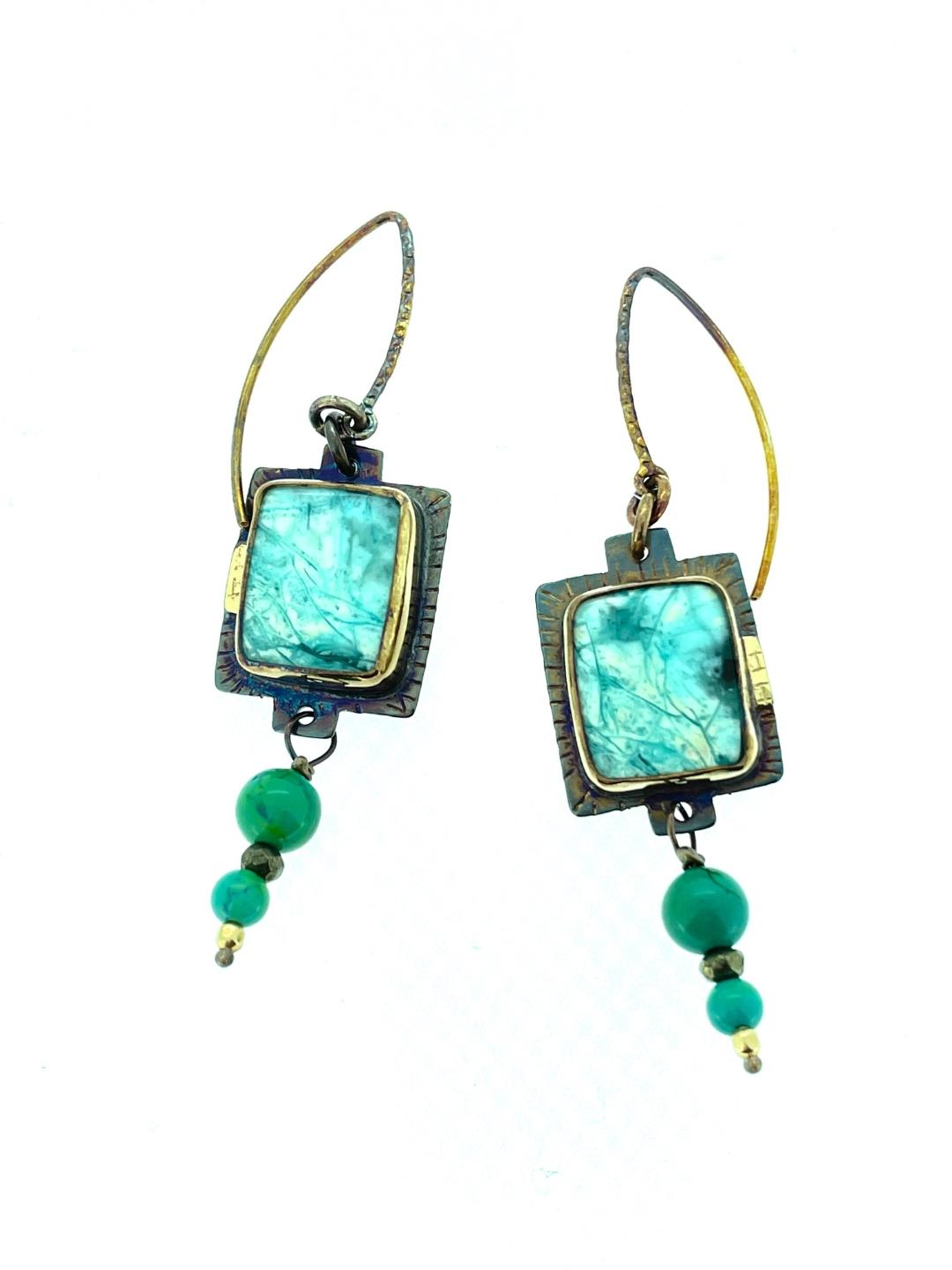 Blue Opal Petrified Wood with Turquoise Beads Earrings in 18k Gold