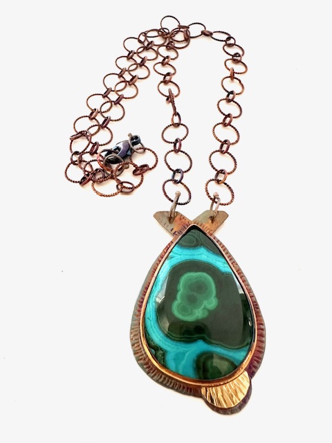 Image 2 for Sterling Silver, Fine Silver Bezel, 18k Gold, and rare Chrysocolla /Malachite Necklace with Sterling Silver Chain and a Lobster Clasp