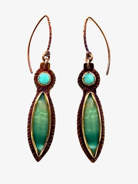 Sterling Silver, Fine Silver Bezels, Blue Opal Petrified Wood, and Turquoise Earrings