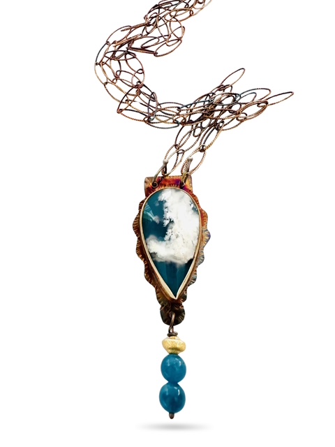 Image 2 for 6 Sterling Silver, Fine Silver Bezel, Plume Agate over Blue Resin with Chrysocolla and Gold Fill Drop Necklace with Double Sterling Silver Chain and Lobster Clasp