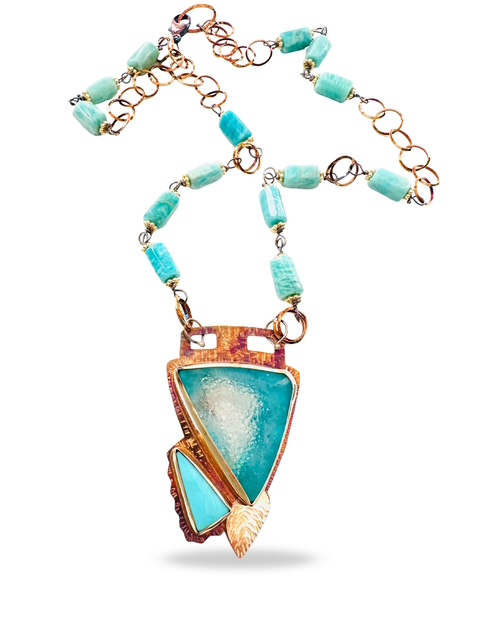 Image 5 for 4 Sterling Silver, Fine Silver Bezels, 18k Gold, Kingman Mine Turquoise, and Chrysocolla Druzy Necklace with Amazonite Beads strung on Sterling Silver, Gold-Filled Spacers Silver Chain, and Lobster Clasp