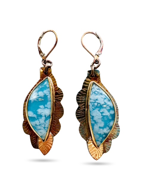 Image of 6 Sterling Silver, Fine Silver Bezels, 18k Gold Earrings, and Plume Agate over Blue Resin with Sterling Silver Lever Backs by Julie Shaw