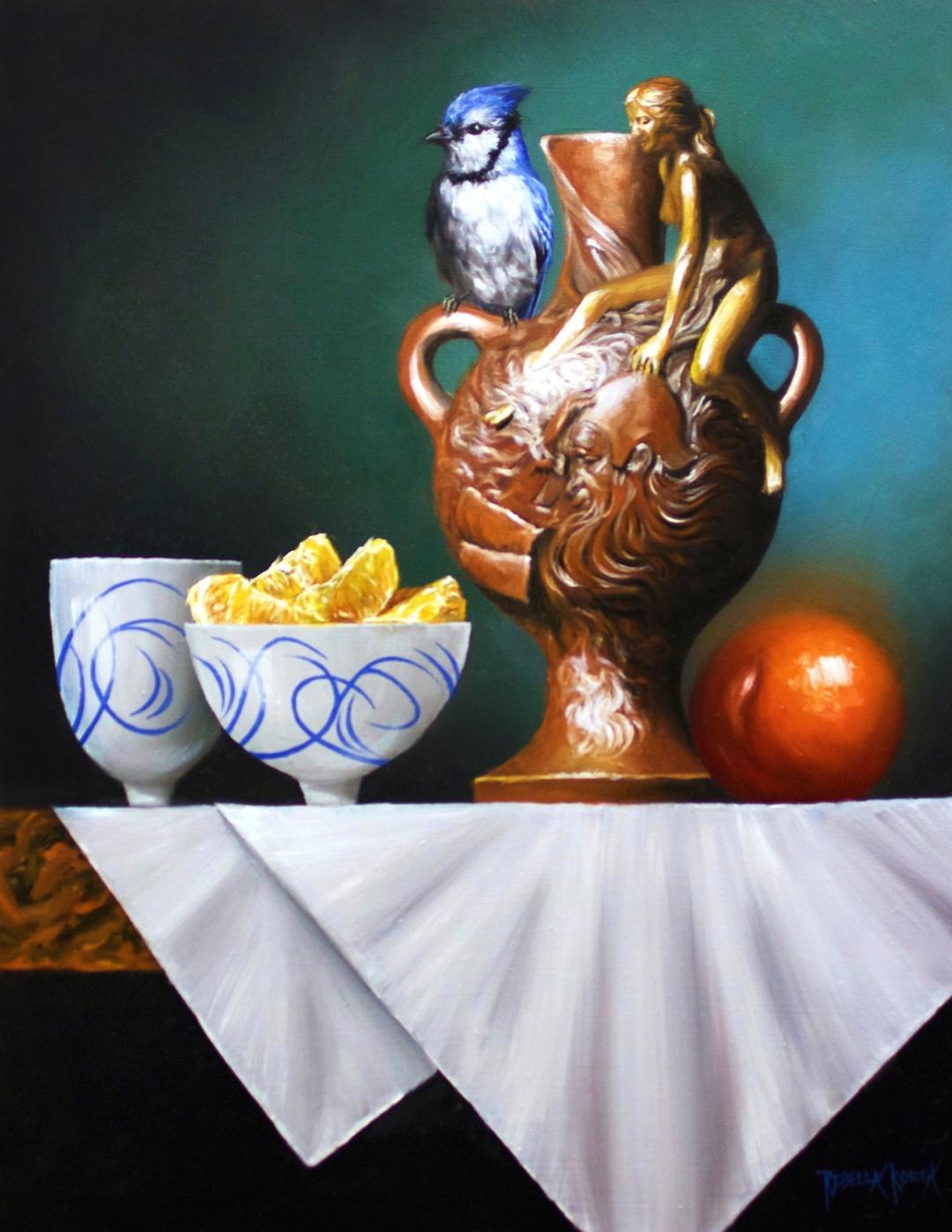 Blue Jay on Bronze Vase