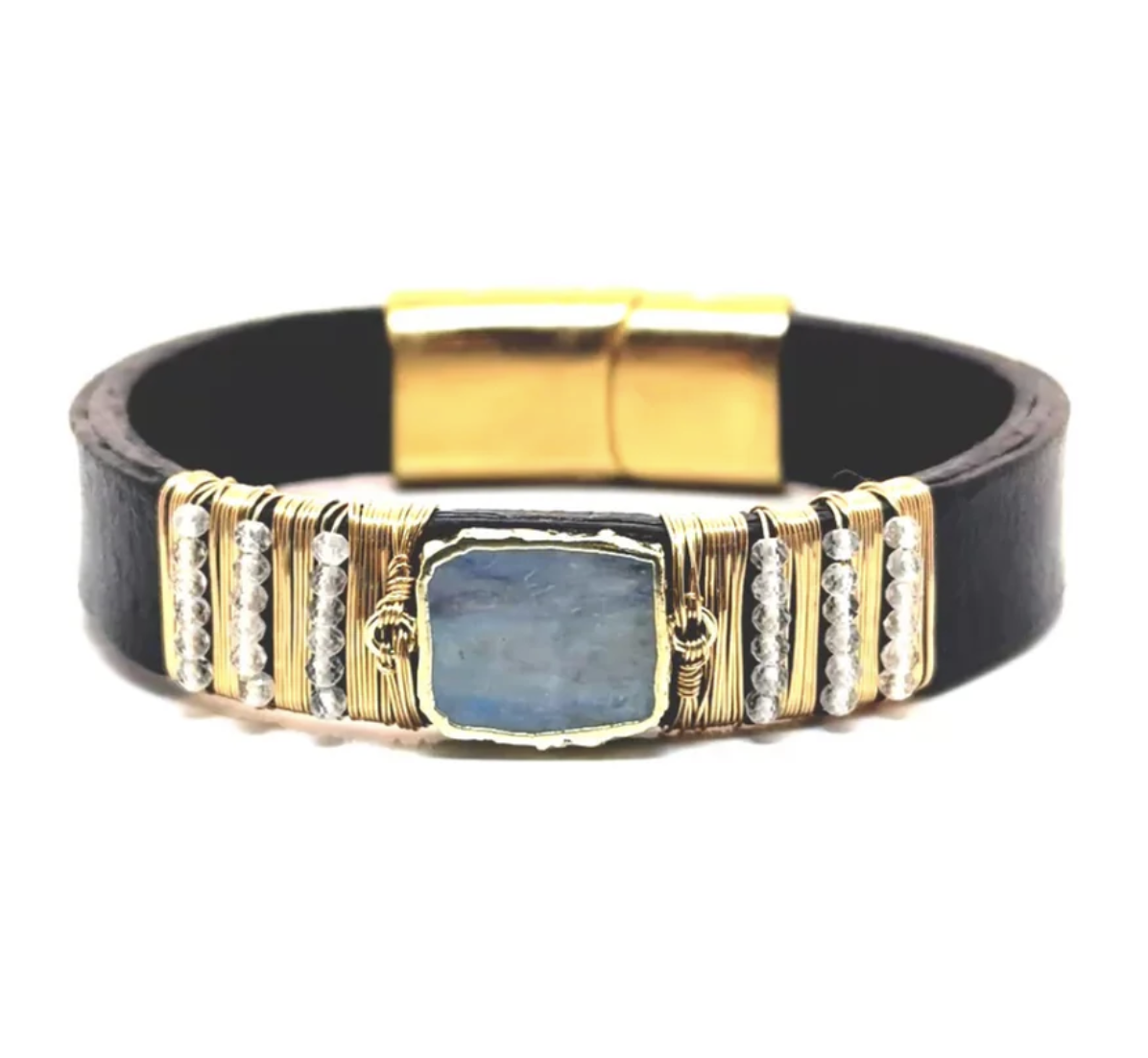 Image of Center Gem Gold Wired Beads Leather Bracelet, Moonstone by Mabel Chong