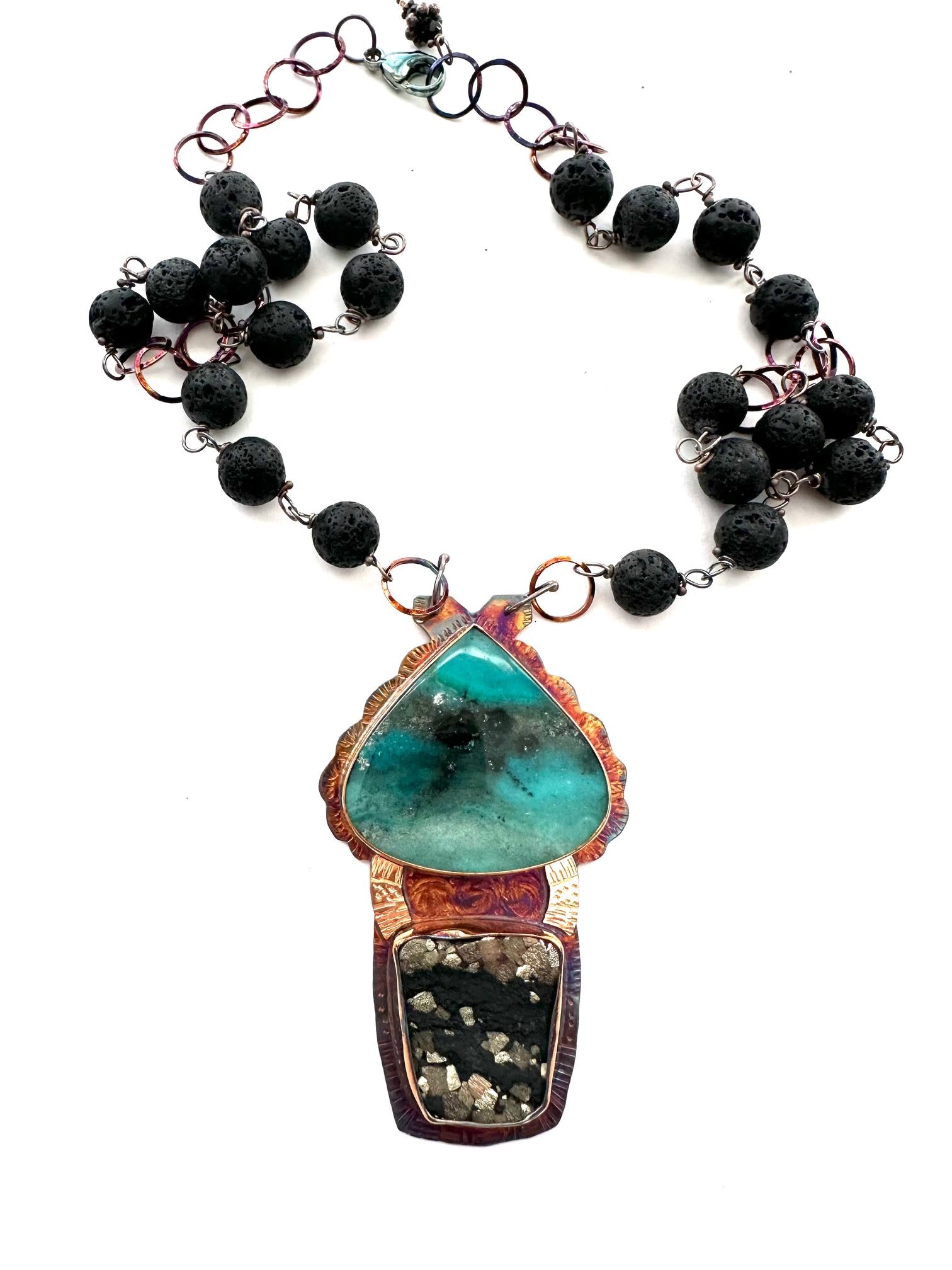 Image 2 for Sterling Silver, Fine Silver Bezels, 18k Gold, Blue Opal Wood, and Pyrite in Schist Necklace with Lava Rock Beads Strung on Sterling Silver Chain with Lobster Clasp