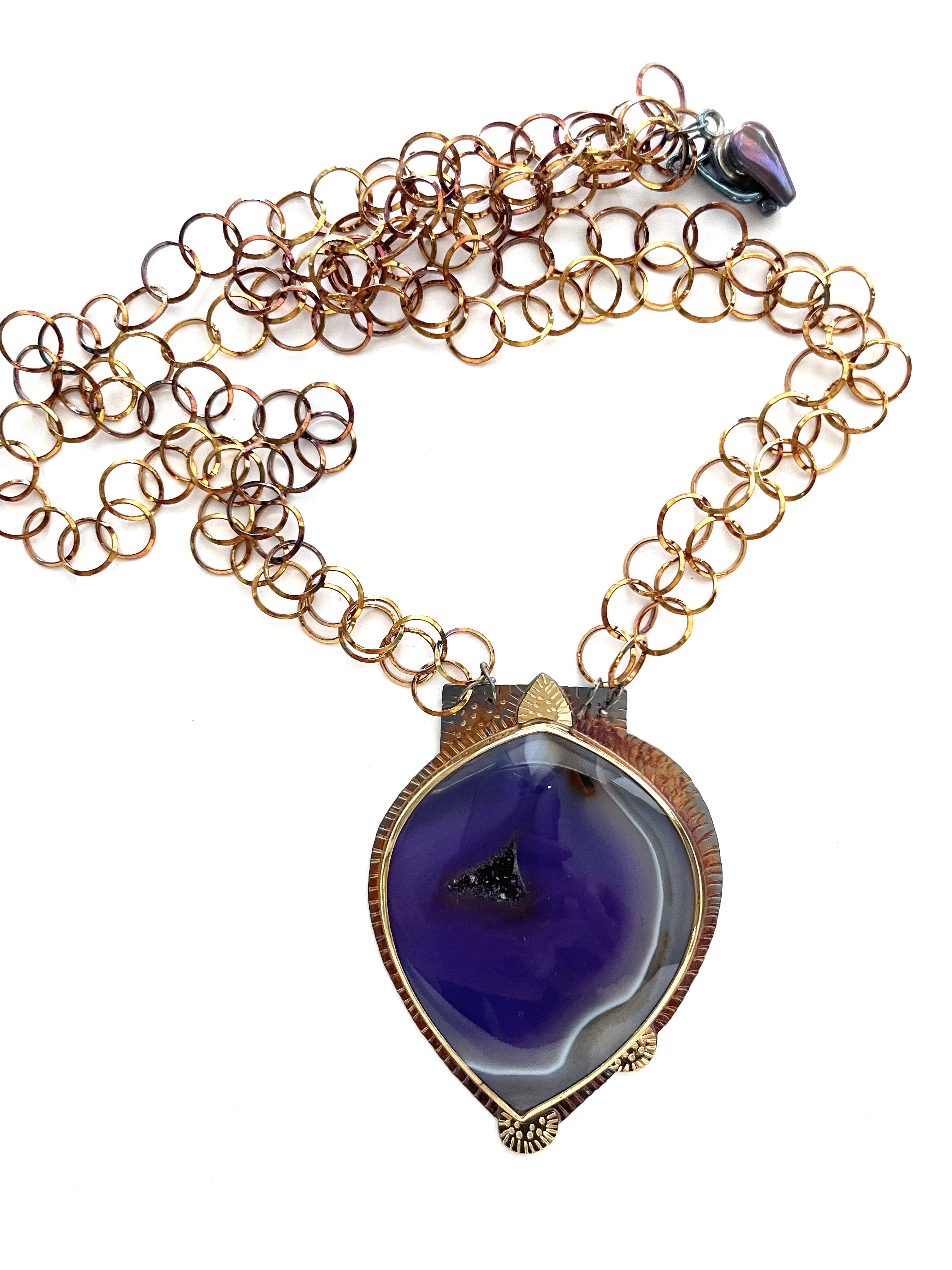 Sterling Silver, 18k Gold, Dyed Brazilian Agate with Druzy Inside, 24” long with Magnetic Clasp