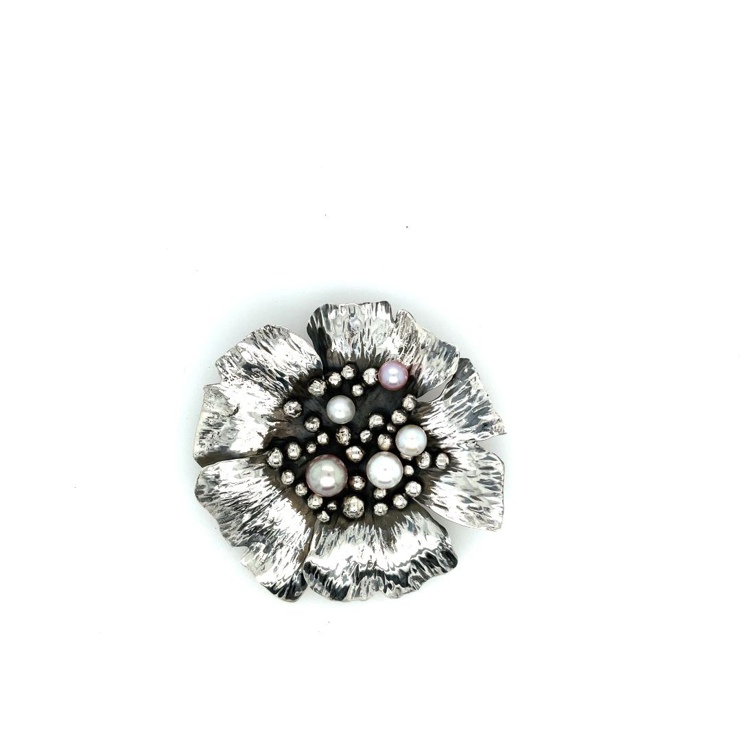Image of Large Sterling Silver and Pearls Poppy Pin by Sue Sachs