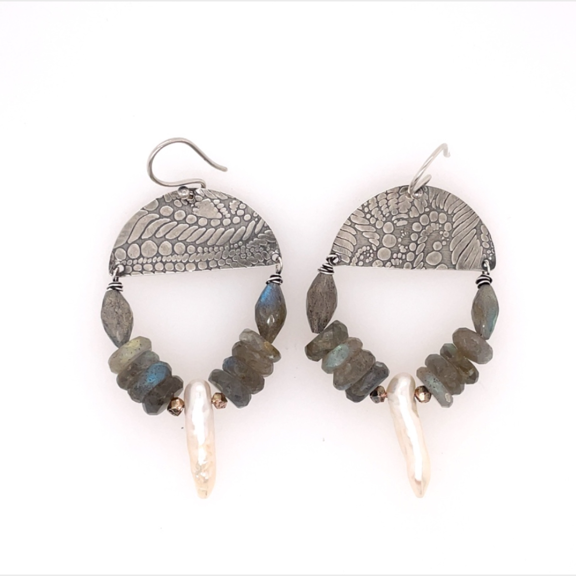 Sterling Textured Earrings with Semi-Precious Gemstones Labradorite and Freshwater Pearl