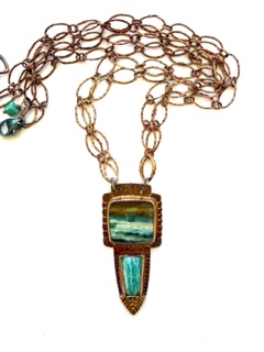 Sterling Silver, 22k Gold, Blue Opal Petrified Wood, and Amazonite Necklace