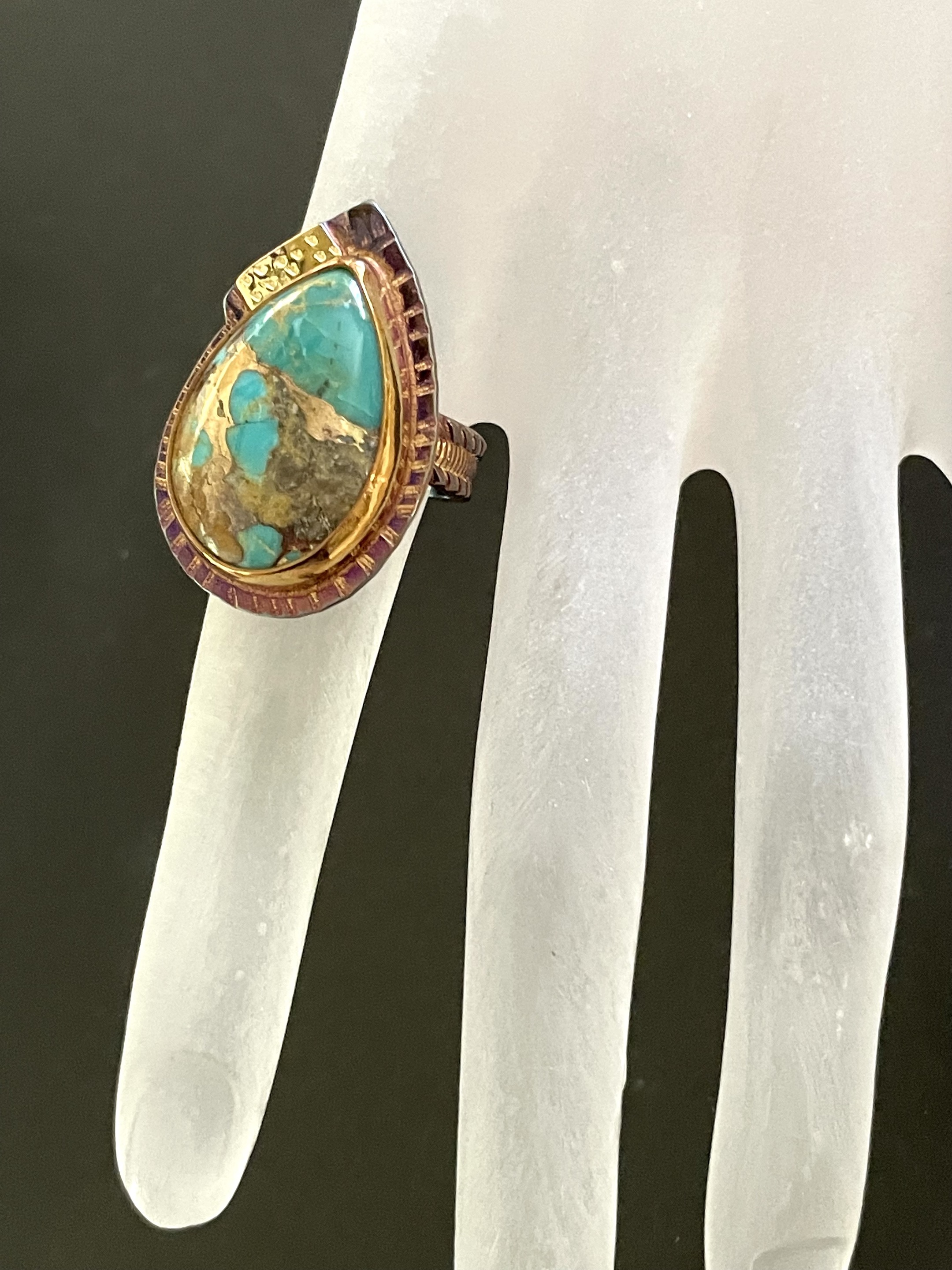 Sterling Silver, Fine Silver Bezel, Mosaic Turquoise, 18k Ring Size 7.