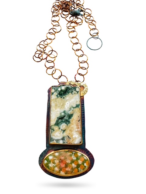 Image 2 for 7 Sterling Silver, Fine Silver Bezels, 18k Gold, Ocean Jasper, and Enamel on Copper Necklace with Sterling Silver Chain and Revolving Lobster Clasp
