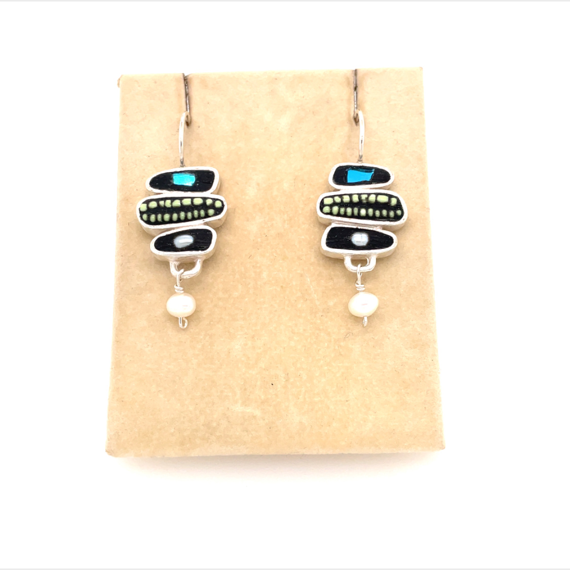 3 Green Rectangle Earrings with Pearl Drop