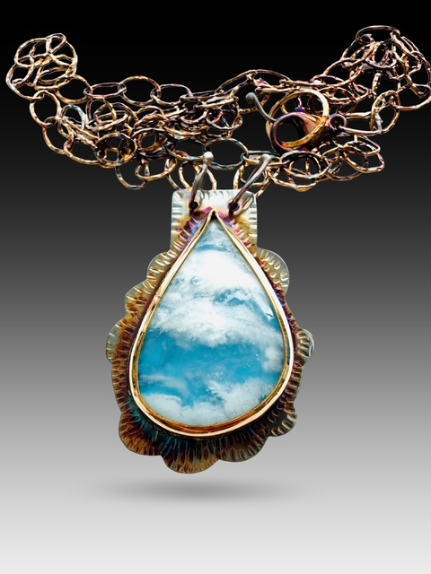 Image of 6 Sterling Silver, Fine Silver Bezel, and Plume Agate over Blue Resin Necklace with Sterling Silver Chain and Lobster Clasp by Julie Shaw