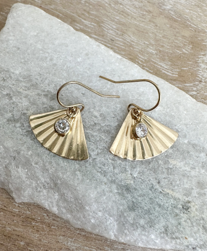 Image of Fan Pendant with Cubic Zirconia Bezel Charm Accent Earrings, 14k Gold Filled - Trunk Show by  RACH B Jewelry