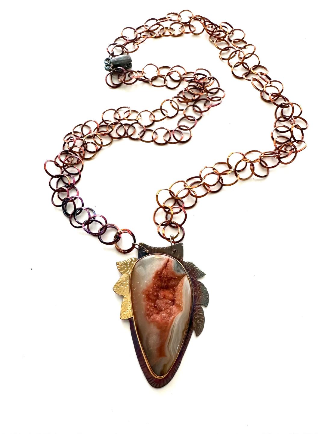 Sterling Silver, Fine Silver Bezel, 18k Gold, and Brazilian Druzy Agate Necklace with Sterling Chain and a Magnetic Clasp