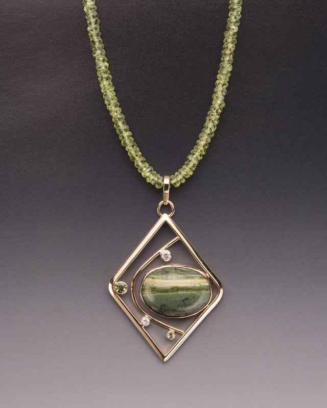 Green Opal, Diamond, Peridot and 14k Gold Pendant