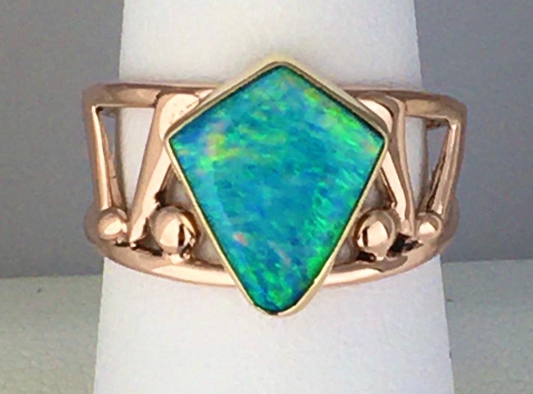Boulder Opal Ring in 14k Yellow and Rose Golds, size 7.5