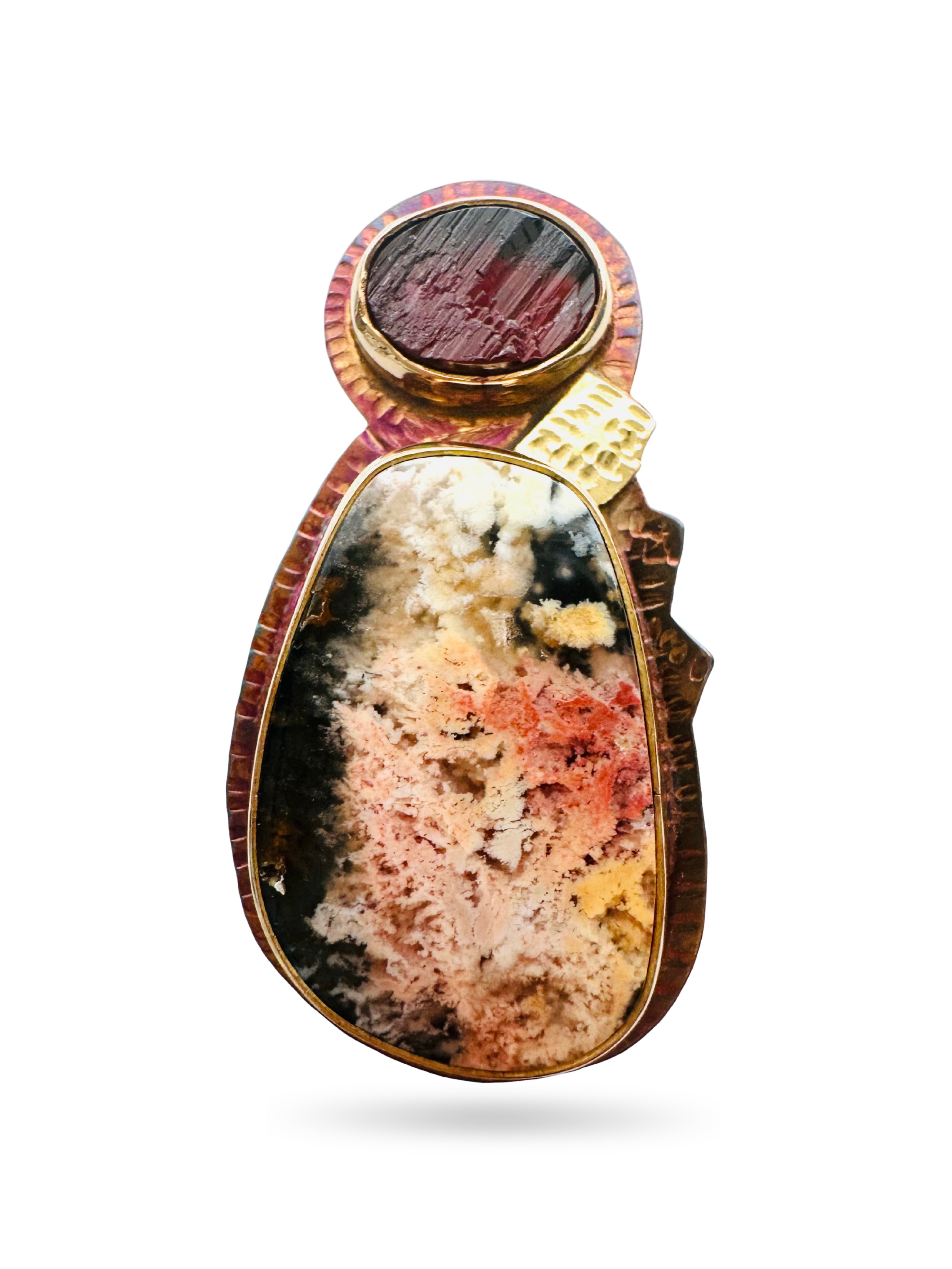 Image of 3 Sterling Silver, Fine Silver Bezel, 18k Gold, Natural Surface Gorgeous Garnet and Feather Ridge Plume Agate laminated to Austrailan Black Jade Ring - Size 7 by  