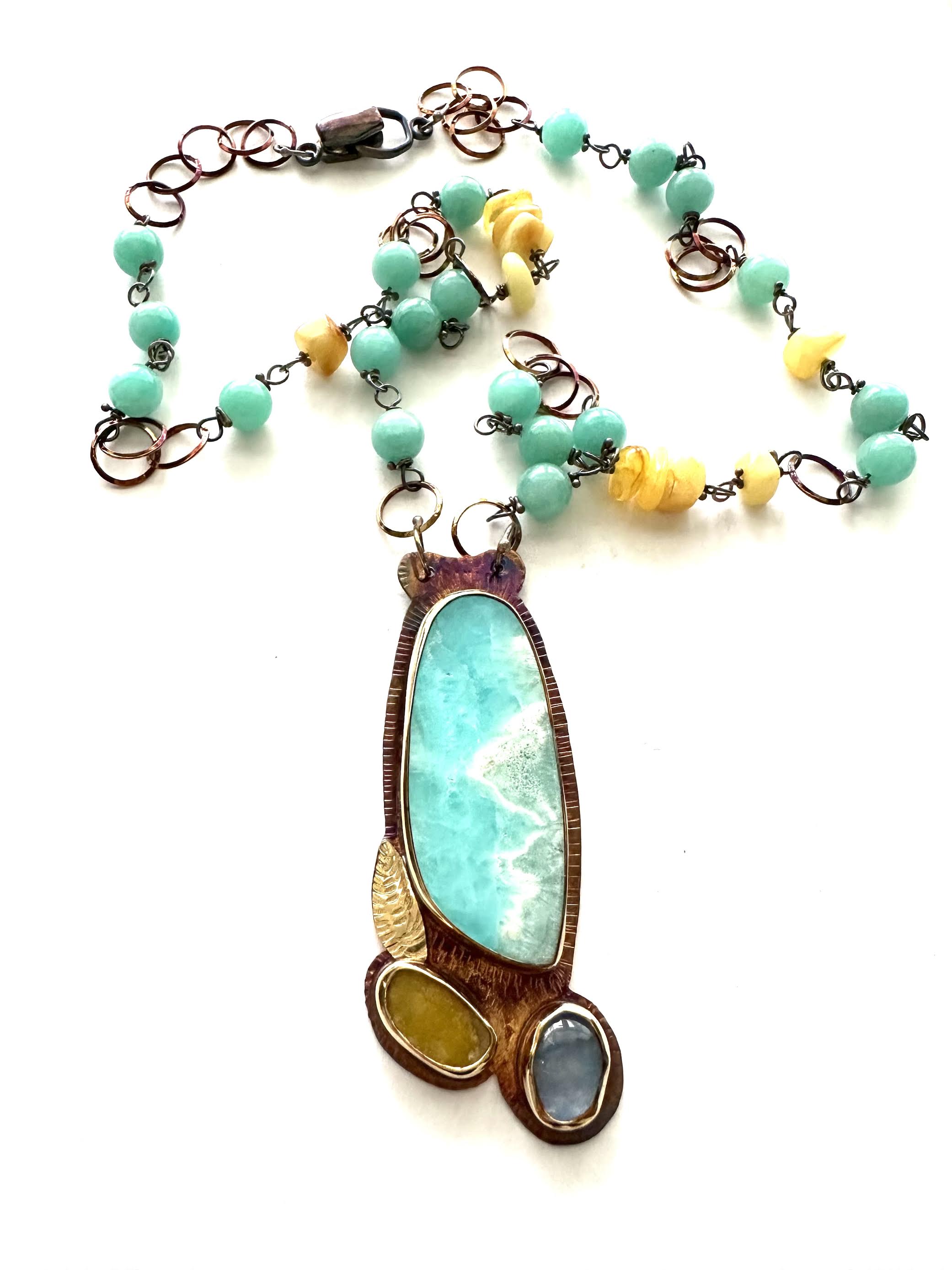 Image 2 for Sterling Silver, Fine Silver Bezels, 18k Gold, Serpentine, Rainbow Moonstone and Blue Calcite Necklace with Amazonite and Amber Beads Strung on Sterling Silver Chain with a Magnetic Clasp