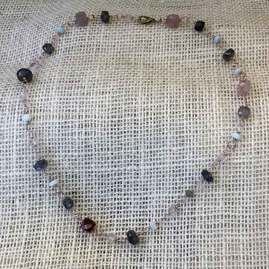 Rose Gold Filled Wire Wrap and Mixed Gemstone Necklace 18