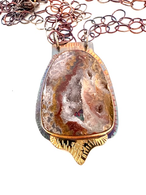 Image of Sterling Silver, Fine Silver Bezel, 18k Gold, and Aqua Nueva with a Quartz Druzy Center Necklace with a Sterling Silver Chain and a Lobster Clasp by Julie Shaw