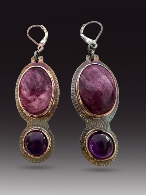 Image of 3 Sterling Silver, Fine Silver Bezels, Spiney Oyster, Natural Color, and Amethyst Earrings with Sterling Silver Lever Earring by  