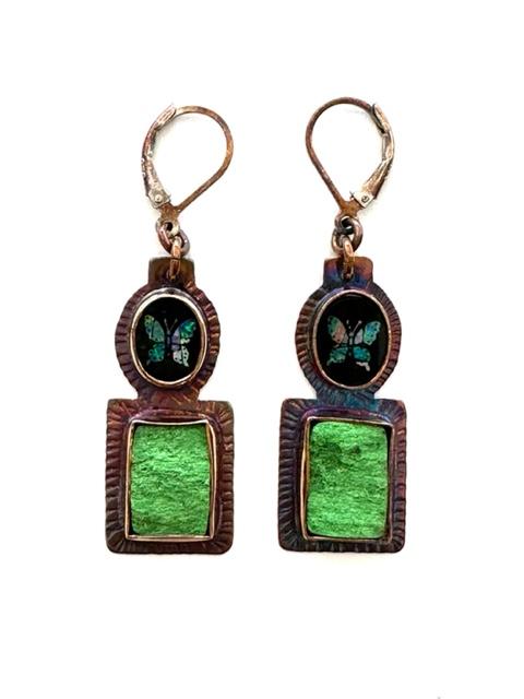 Sterling Silver and Uvarovite Druzy (Green Garnet) Earrings with Mosaic Opal Butterflies in Black Onyx
