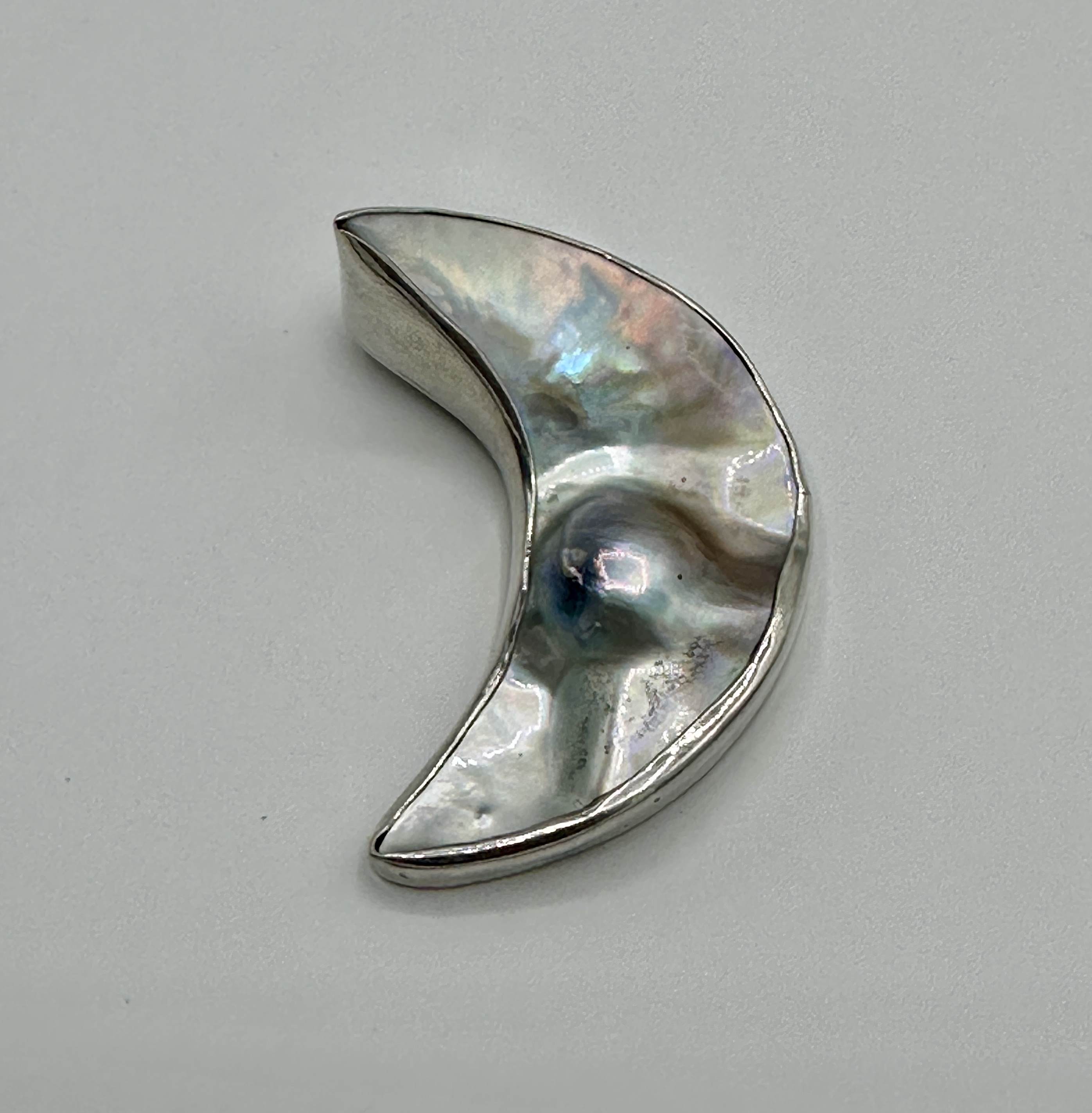 Sterling Silver and Mother of Pearl, Dimpled, Moon Shaped Centerpiece
