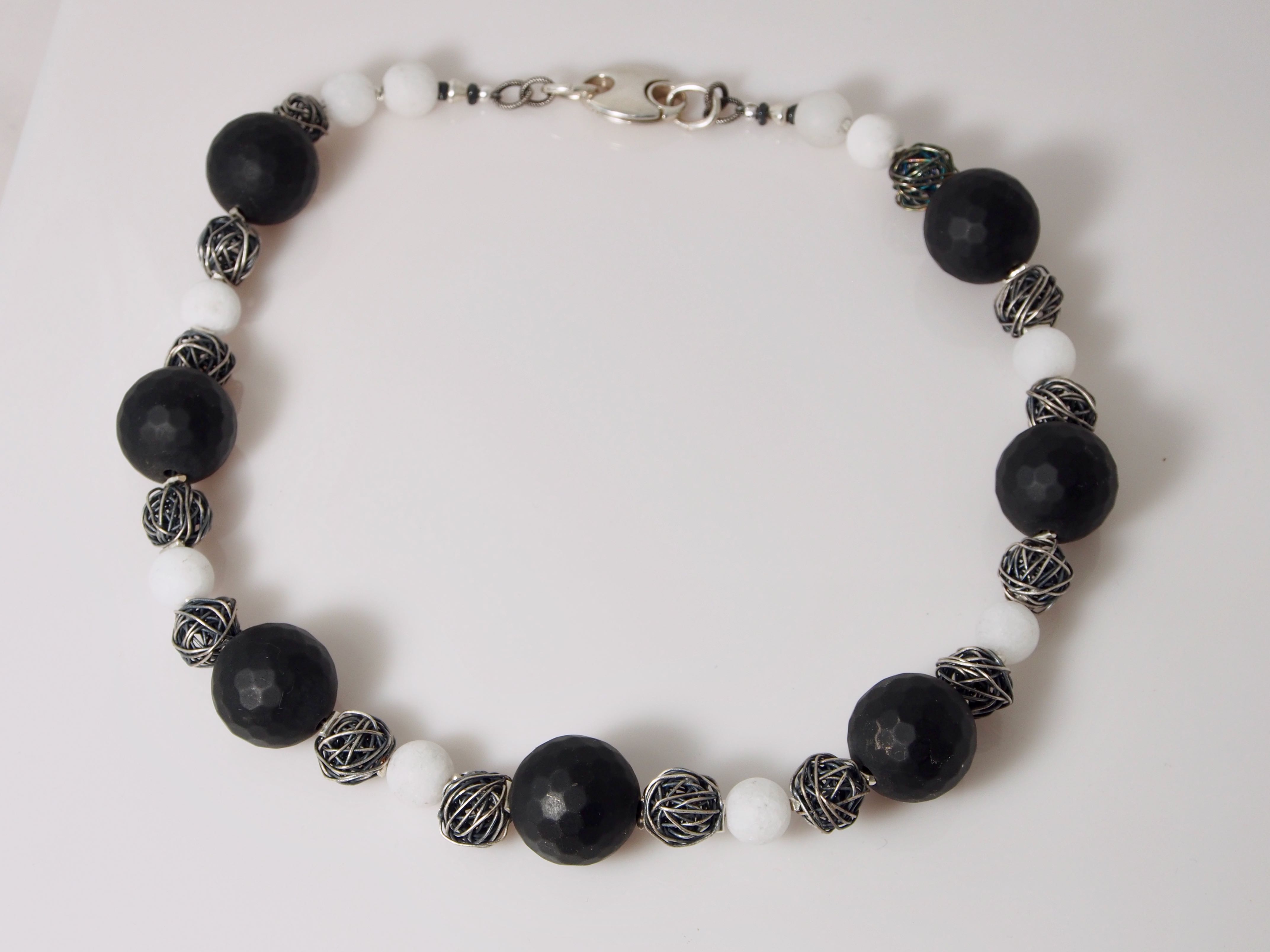 Variation on Black and White Necklace - Sterling Silver/Onyx/White Agate