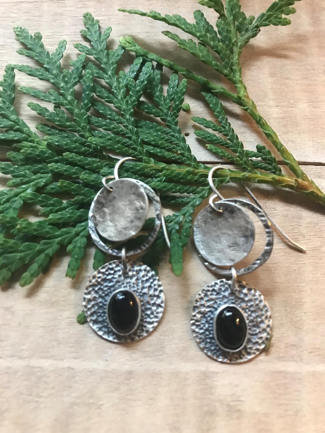 Black Onyx and Double Sterling Circle Earrings