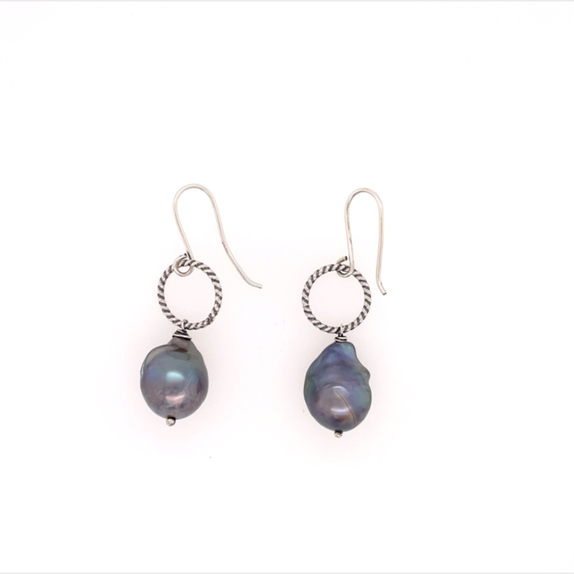 Peacock Blue Baroque Pearl Earrings with Textured Circle Element