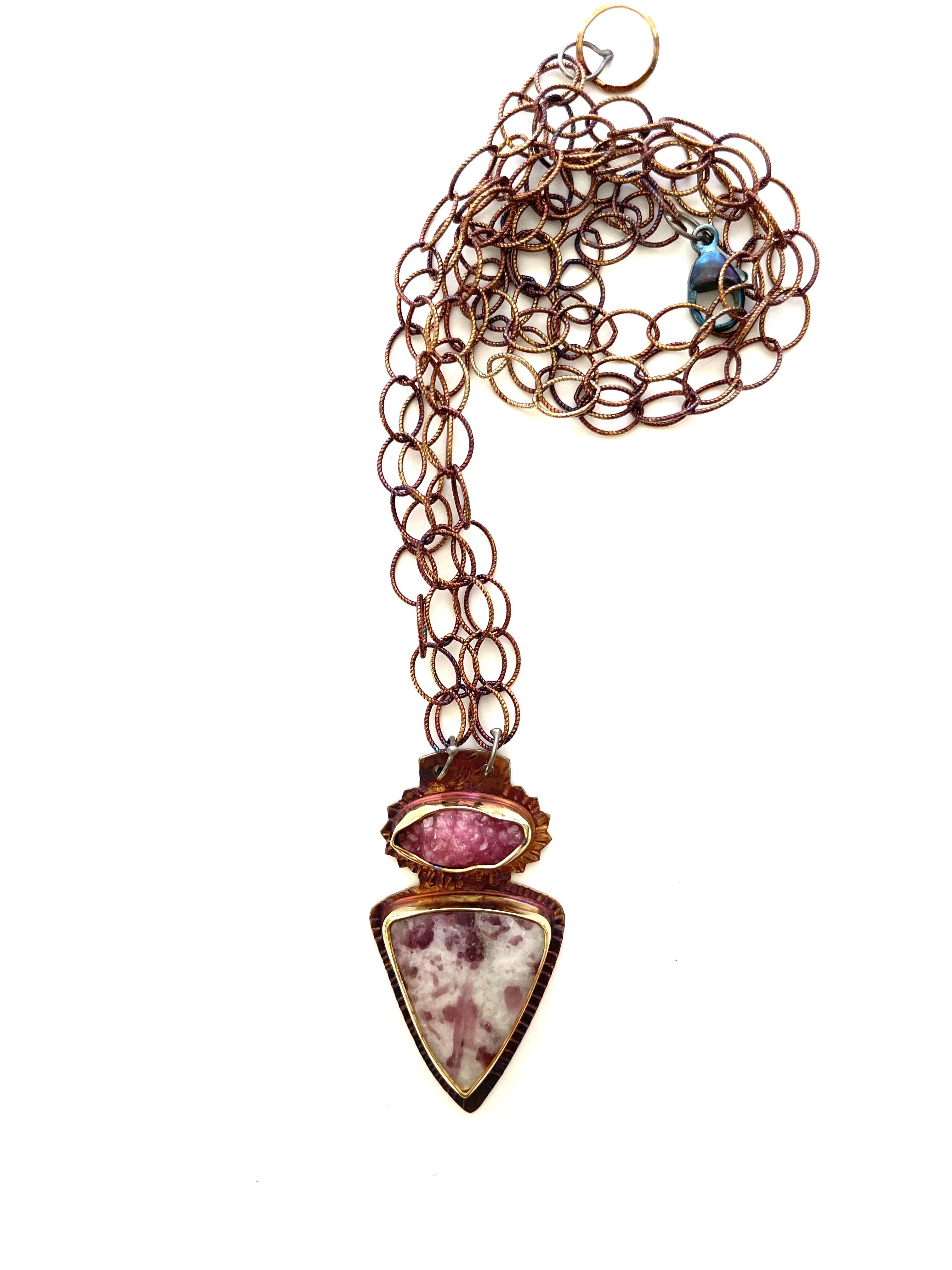 Sterling Silver, Cobalto Calcite Druzy, and Pink Tourmaline in Quartz Necklace